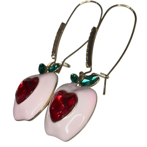 Betsey Johnson Apple Dangle Earrings Red Pink Playful Whimsy Teacher Barbie - Picture 6 of 7